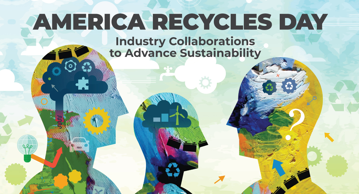 Graphic of heads and recycling symbols illustrating industry collaboration for America Recycles Day