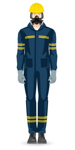 Illustration of an employee in PPE provided for employee safety at lead battery recycling facilities.