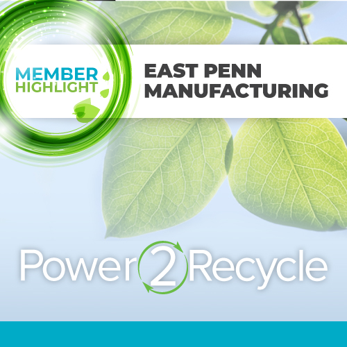 Graphic with leaf and text for ABR member highlight of East Penn Manufacturing and Power2Recycle