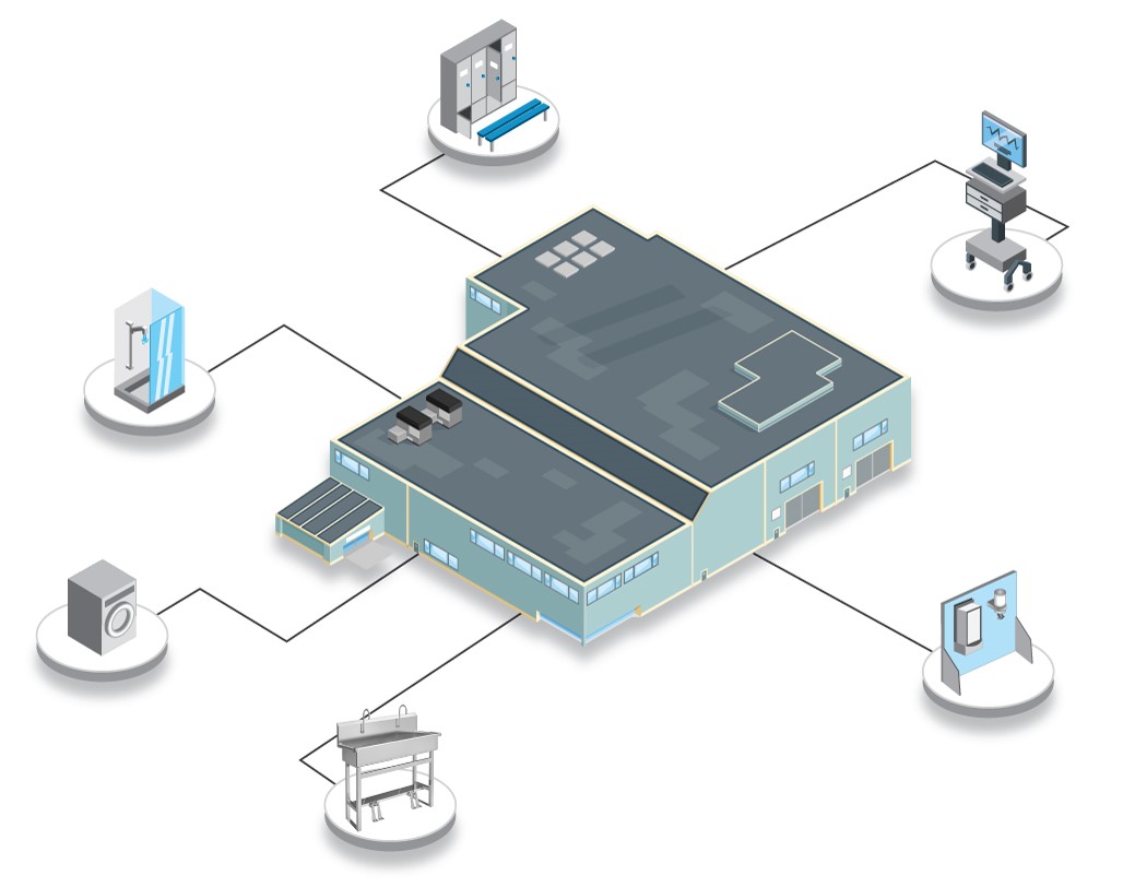 Illustration of a lead battery recycling facility and the health and safety systems and protocols implemented for employee safety.