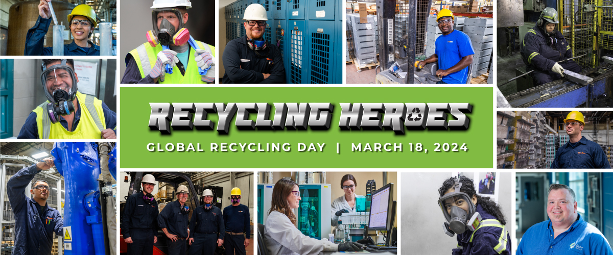 Graphic with images of lead battery recycling employees or "recycling heroes" for Global Recycling Day.