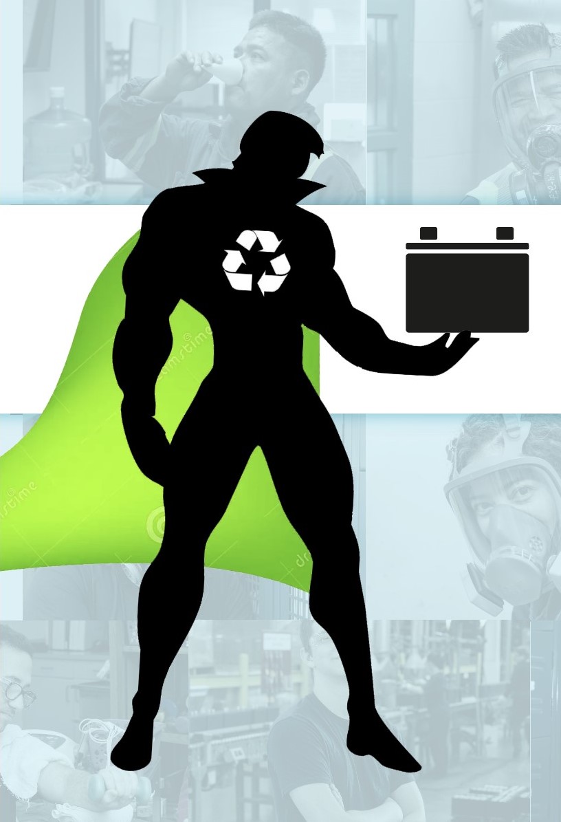 Graphic illustration of a lead battery recycling hero.