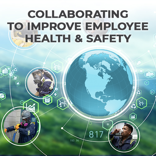 Graphic with employee health and safety images and copy to reinforce that lead battery recyclers collaborate to improve employee health and safety.