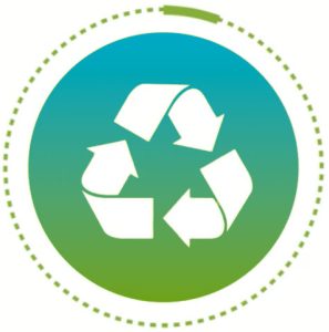 Circle graphic with a recycling symbol in the middle to represent sustainable recycling.