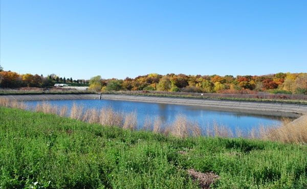 Storm water pond for a lead battery recycling facility.