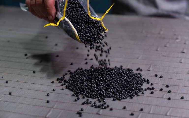 Plastic pellets from recycled lead batteries.