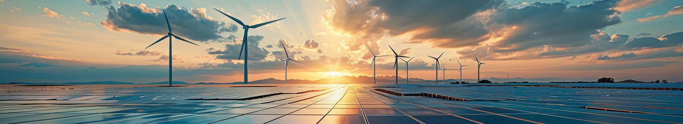 Wind turbines and solar panels powering a sustainable future by storing energy with sustainable lead batteries.