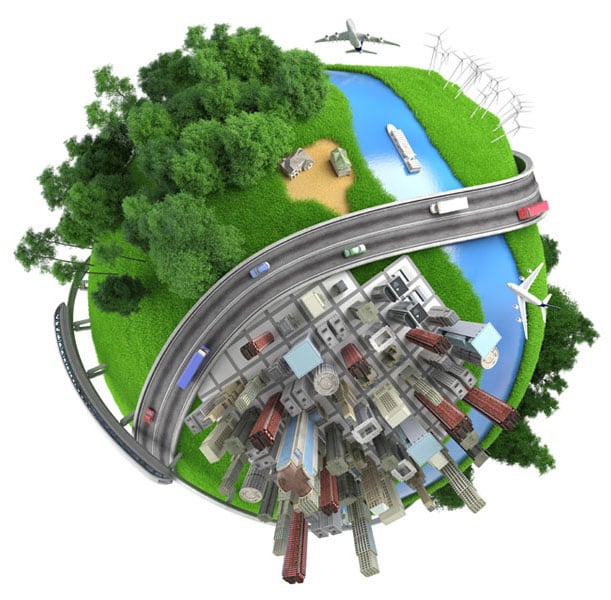 Illustration of Earth with a city and traffic powered by the sustainable lead battery circular economy.