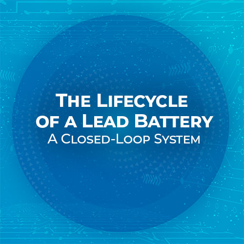Blue graphic with text on the lifecycle of lead batteries.